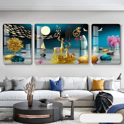 新中式画轻奢现代简约沙发背景墙挂画山水圆角三联壁画客厅装饰画