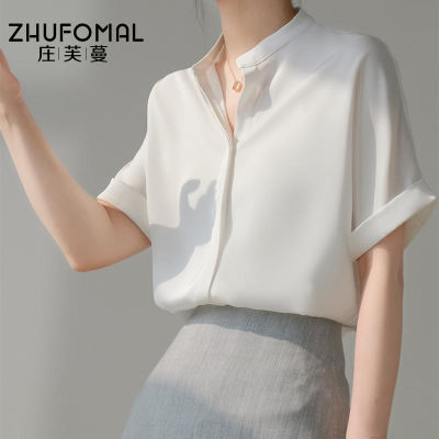 ZHUFOMAL白色缎面衬衫女短袖夏季韩版衬衣气质宽松版职业
