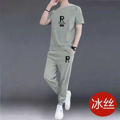 休闲运动服套装男士夏季薄款短袖T恤时尚搭配潮流冰丝速干两件套