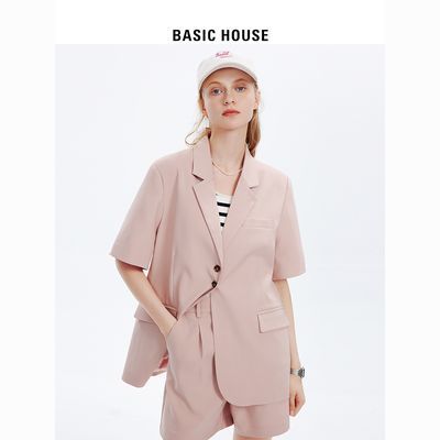 Basic House/百家好粉色西服外套女2023夏季新款薄款感短裤套装女