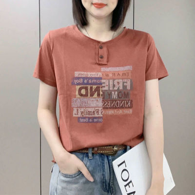 女士t恤短袖2024夏季新款小众字母印花韩版时尚百搭显瘦圆领上衣