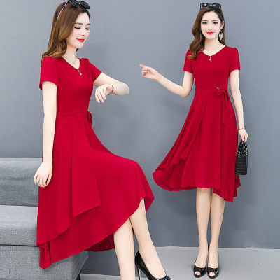 高档红色连衣裙2024新款气质修身中长款富婆显瘦年轻妈妈雪纺裙子