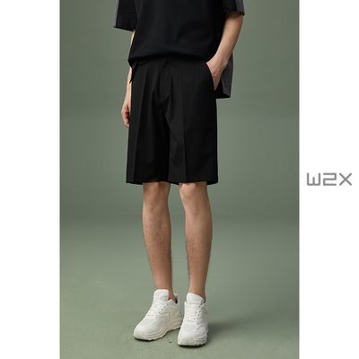 W2X男士夏季细条纹短裤免烫时尚百搭休闲五分裤设计感西装5分