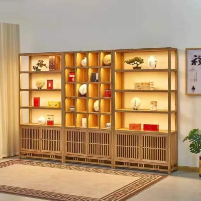 新中式禅意落地门实木茶叶展示架多宝阁茶叶架自由组合实木博古架