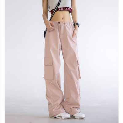 新款粉色工装裤女小个子夏季休闲裤垂感美式复古运动宽松阔腿裤
