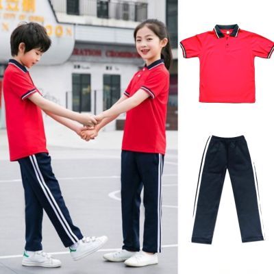 全国统一校服小学生短袖儿童夏季套装冰丝薄款两件套红色体恤班服