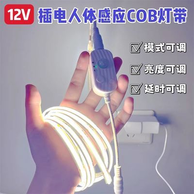 12v悬浮床人体感应COB灯带插电使用高常亮无光斑自粘LED灯条红外