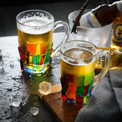 创意撞色带把啤酒杯创意家用扎啤杯高颜值大容量水晶玻璃杯