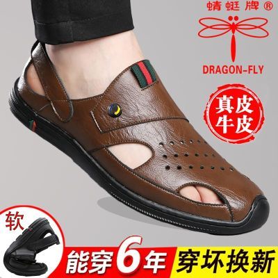 蜻蜓牌夏季男士新款凉鞋真皮镂空透气防滑洞洞鞋男款一脚蹬男鞋