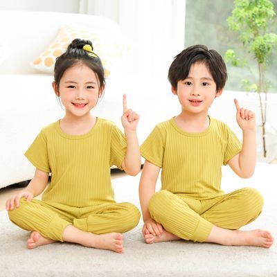 儿童短袖套装薄男童2023新款冰丝家居服夏季女孩空调服小童睡衣