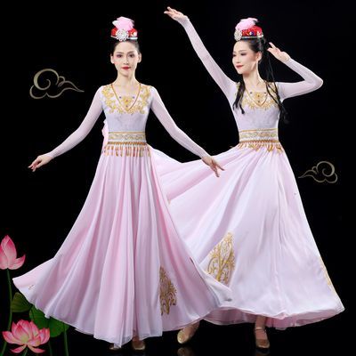 2023维族舞蹈演出服女新疆舞民族风服装成人艺考大裙摆表演服粉色