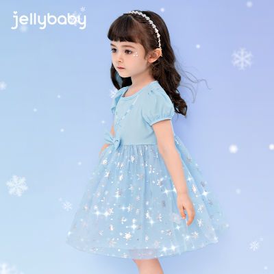 杰里贝比女童蓝色连衣裙宝宝夏装中小童纱裙夏季儿童爱莎公主裙子