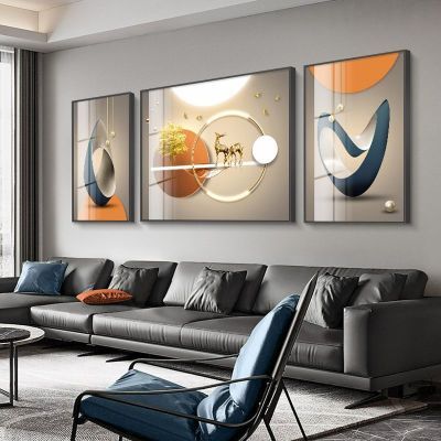 现代简约客厅装饰画新款大气沙发背景墙挂画轻奢镶钻三联壁画