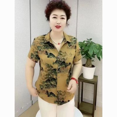 大码中老年妈妈装复古风翻领开衫衬衫外套短款上衣女