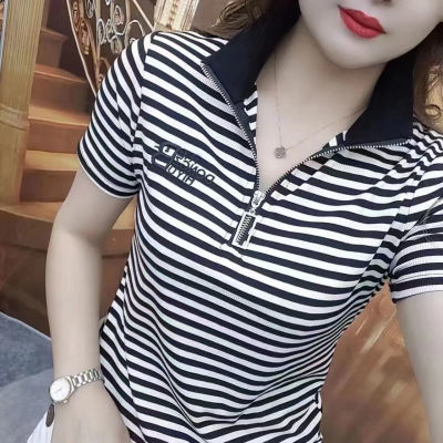 高档正品夏季新款立领半拉链条纹短袖T恤休闲百搭上衣时尚卫衣女
