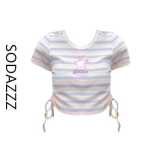 SODAZZZ甜辣妹镂空条纹短袖t恤女夏季设计感短款抽绳绑带上衣百搭