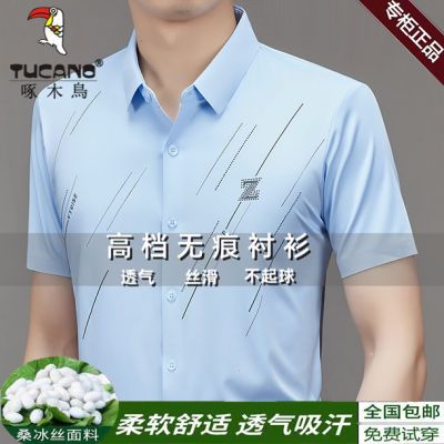 啄木鸟新款高档纯色桑冰丝男士短袖衬衫薄款无痕免烫夏季休闲衬衣