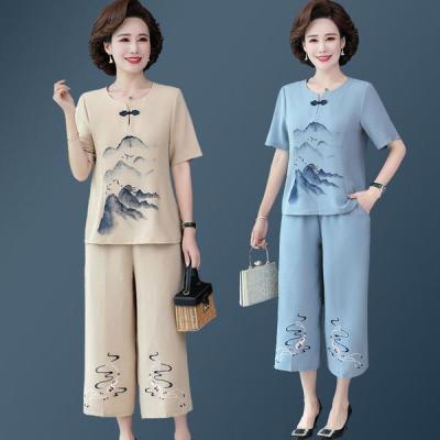 夏季中老年妈妈中国风两件套装女50-60岁大码短袖上衣衬衫阔腿裤
