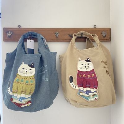 日本出口kusuguru新款猫咪刺绣手提包购物袋通勤包卡通23-6535