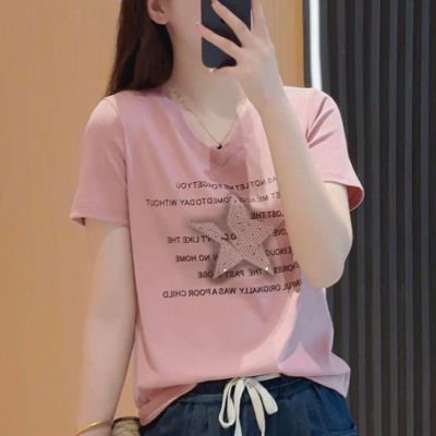 女士t恤短袖2024夏季新款v领字母印花烫钻韩版时尚显瘦洋气上衣