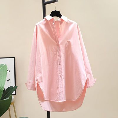 衬衫女长袖2023春装新款韩版宽松设计感小众叠穿中长款粉色衬衣潮