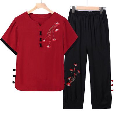 妈妈装夏装棉麻套装夏季新款中老年人女装短袖T恤衣服裤子两件套