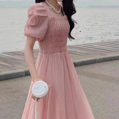 法式温柔风粉色洋装女夏2023新款方领泡泡袖高腰气质显瘦仙女