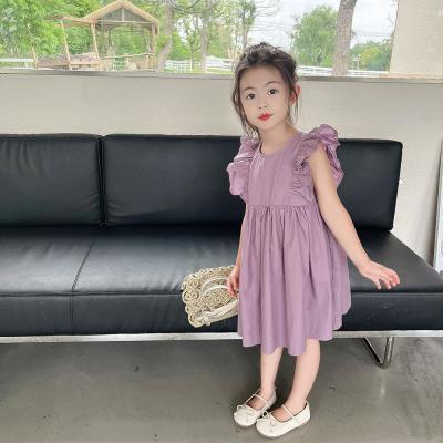 女童洋气时髦新款夏装2-10岁紫色花边飞袖连衣裙纯棉无袖吊带