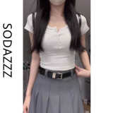SODAZZZ美式复古灰色螺纹短袖t恤女夏季2023年新款露脐正肩上衣