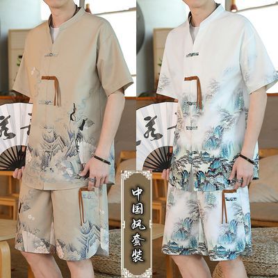 中国风男装套装短袖衬衫短裤两件套宽松古风男装新中式汉服1/2选