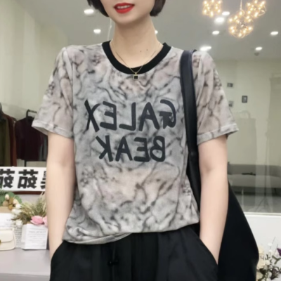短袖t恤女2024夏季新款圆领拼色冰丝体恤韩版显瘦百搭洋气上