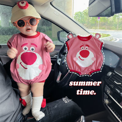 婴儿夏季衣服连身衣薄款三角哈衣短袖可爱超萌宝宝草莓熊套装爬服