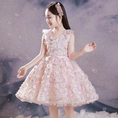 女童高端礼服夏季公主裙粉色儿童小主持人走秀钢琴演奏比赛演出服