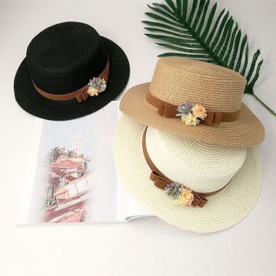 韩版新款花朵织带平顶草帽子青年女士夏天沙滩遮阳帽度假小礼帽潮