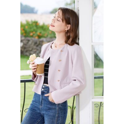 春秋季西服女羊毛短款卡其色休闲西装外套