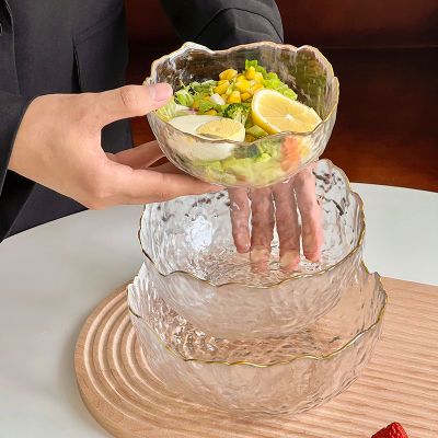 日式沙拉碗玻璃网红家用水果碗不规则金边加厚高颜值透明冰粉碗
