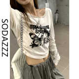 SODAZZZ 英文蝴蝶印花长袖T恤2023韩版新款小众美式复古短上衣女