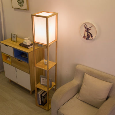 北欧落地灯置物架一体LED原木风卧室设计感日式客厅沙发旁氛围灯