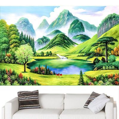 聚宝盆山水自然风光挂画流水生财客厅沙发背景墙自粘壁画年画