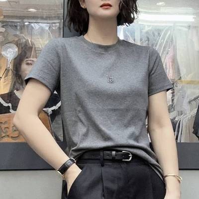 女短袖t恤2024夏季新款字母烫钻小衫韩版时尚百搭显瘦上衣薄