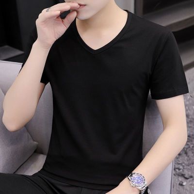 95棉冰感短袖t恤男士2025年新款夏季纯色黑色半袖V领衣服