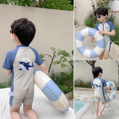 儿童连体短袖泳衣男童夏季可爱鲨鱼款防晒速干海边度假游泳衣套装