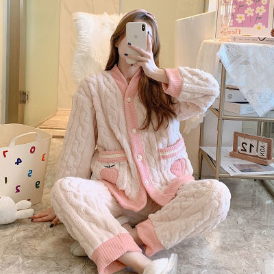 2023秋冬季新款加绒加厚法兰绒提花水蜜桃睡衣套装女珊瑚绒家居服