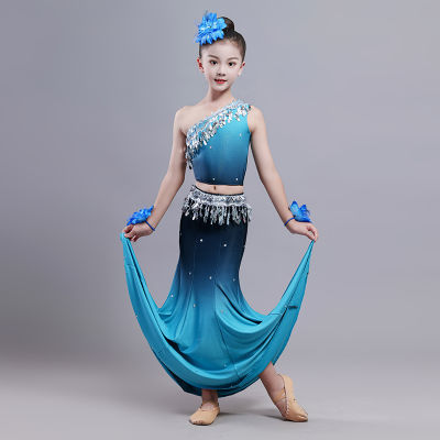 新款女儿童艺考渐变包臀鱼尾修身孔雀表民族彩双练傣族舞蹈演出服
