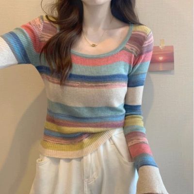 彩虹条纹毛衣针织衫女秋冬季新款修身设计感长袖方领打底衫上衣潮