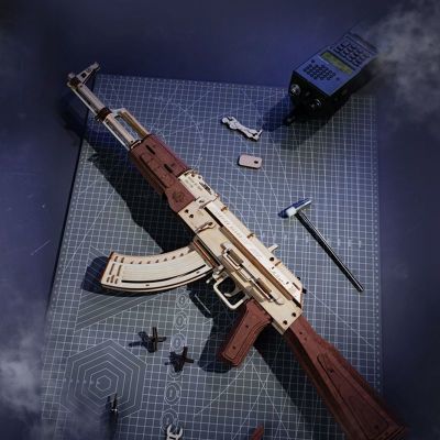 若客AK47玩具全真自动步枪拼装玩具皮筋枪男孩礼物木质拼装模型