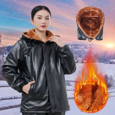 加绒加厚皮棉衣女士秋冬季骑行外卖防风宽松皮衣工作服皮外套艾贝