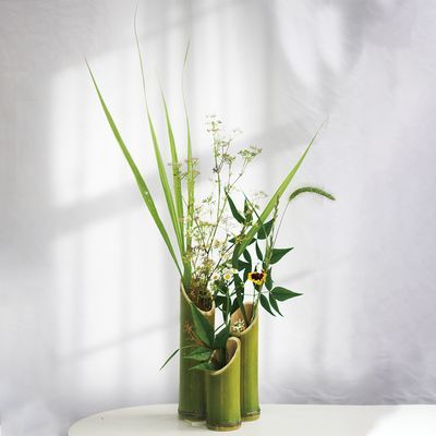 竹筒插花瓶摆件新鲜绿色竹管小竹子花艺竹节流水婚庆摆件竹筒花器