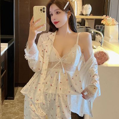 金丝绒睡衣女春秋冬季2023年新款小碎花可外穿性感家居服三件套装