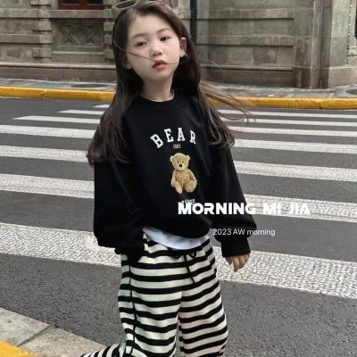 韩国童装2023秋季新款女童洋气小熊字母印花卫衣休闲阔腿裤两件套